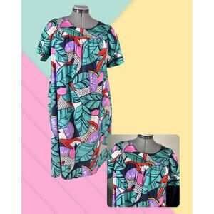 Vintage 90s Sears 100% Cotton Tropical Pop Art Print Lounge Muu Muu Dress L
